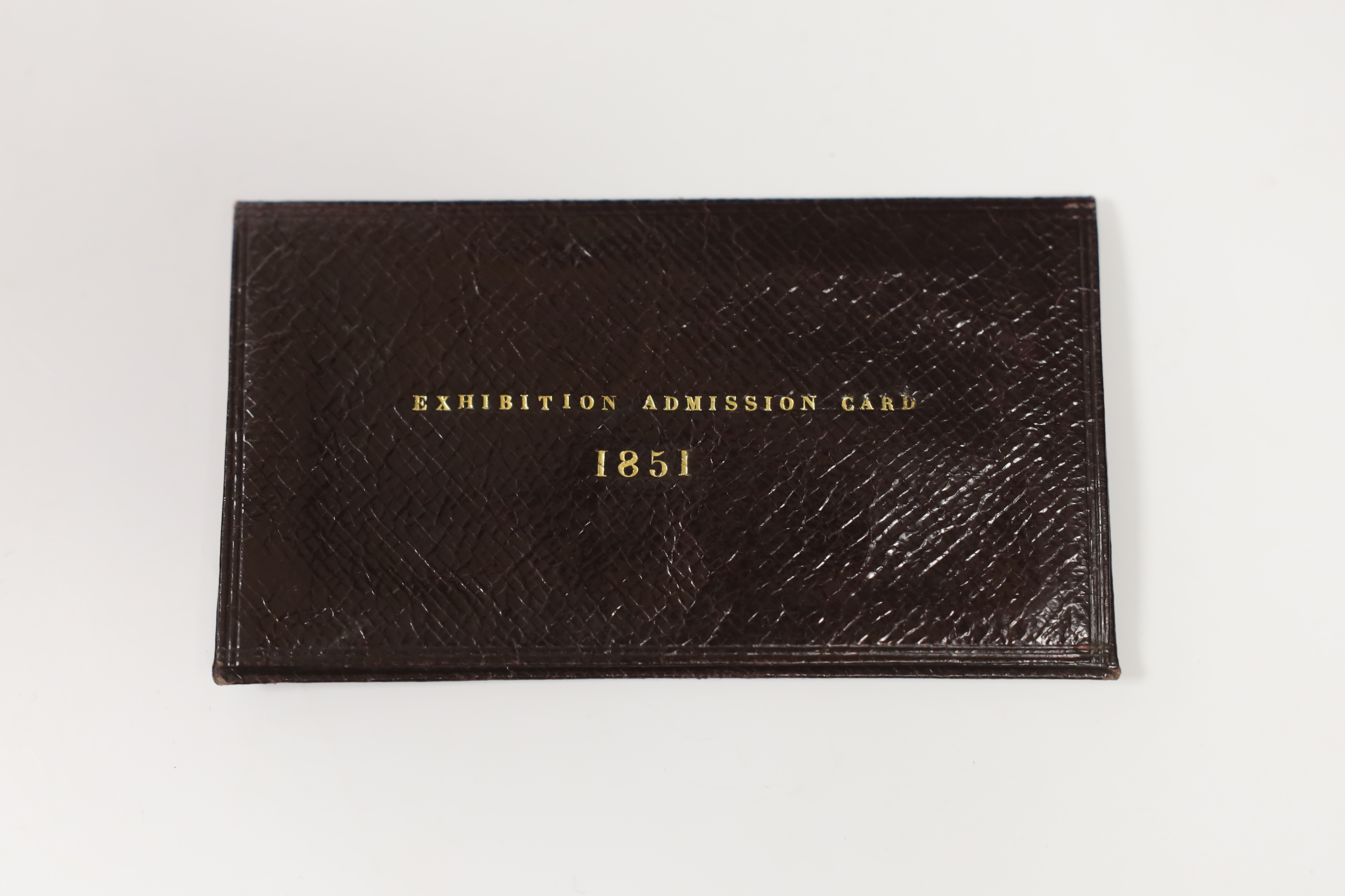 Great Exhibition 1851- a leather slip cased ‘season ticket of admission to the Exhibition of the Works of Industry of All Nations 1851, No.4305’, signature of Elizth. Holmes